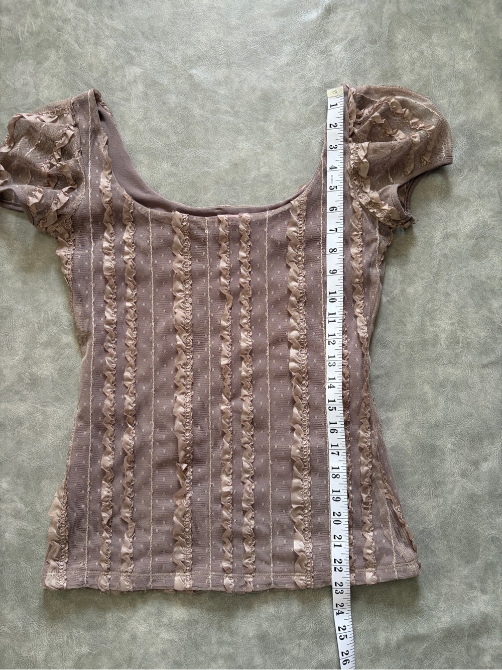 Y2K Light Brown Fairycore Puff Sleeve Swiss Dot Ruffle Lace Top - Picture 10 of 11